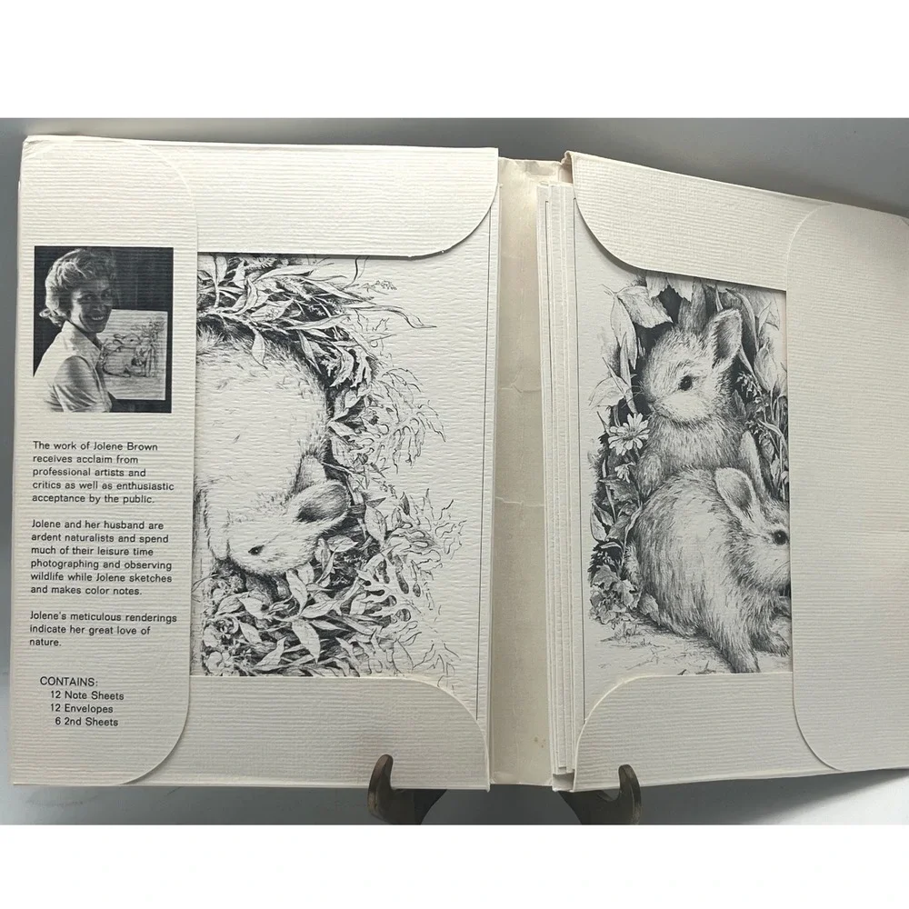 Vtg stationery set pencil drawings Bunnies Nature by artist‎ Jolene Brown 1976
